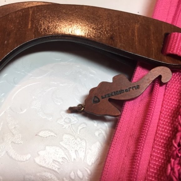 Liz Claiborne Pink Corn Husk Weave Wooden Handle Handbag Tote Large - Picture 7 of 12